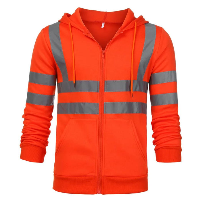 Groene veiligheidshoodie unisex, met capuchon en reflectie voor betere zichtbaarheid op de werkvloer.