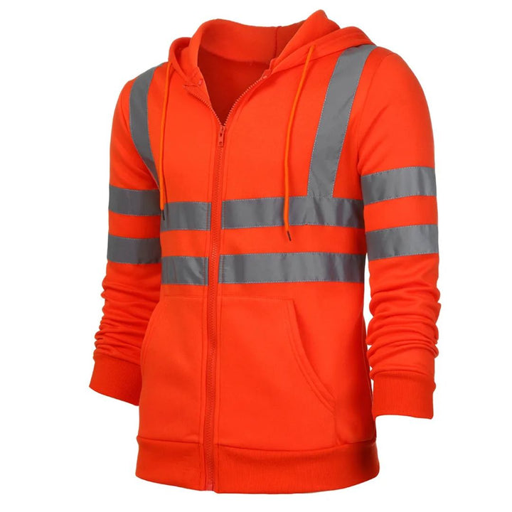 Comfortabel geel veiligheidsvest met capuchon, reflecterend en functioneel voor optimale zichtbaarheid.