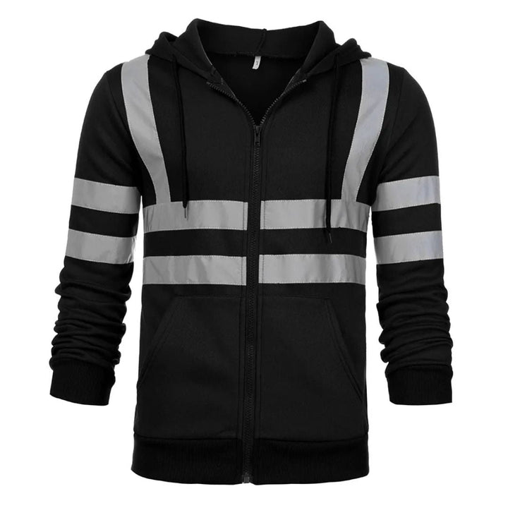 Zwart veiligheidsvest met reflecterende details, stijlvolle en beschermende werkkleding.