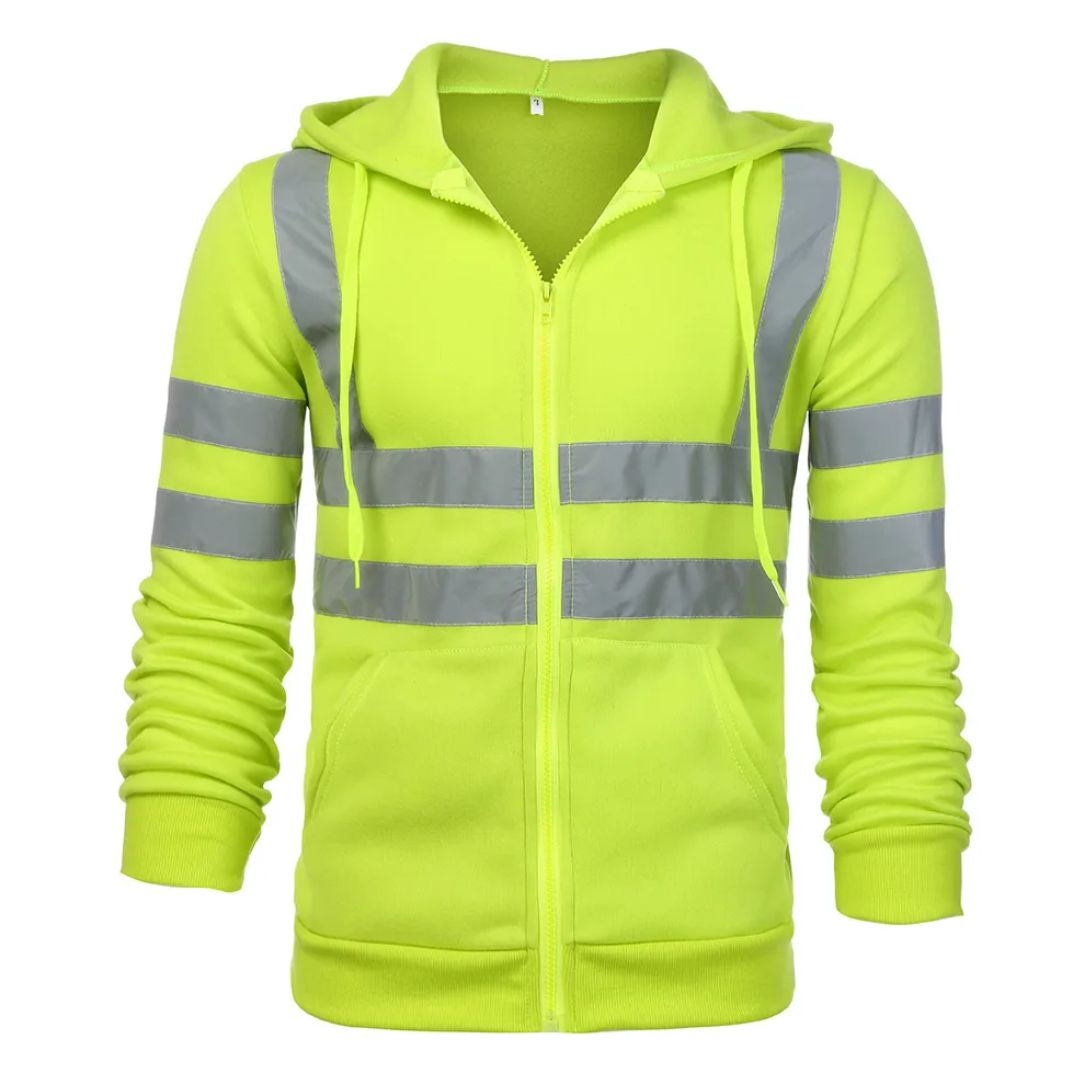 Oranje reflecterend werkvest hoodie, comfortabele en functionele werkkleding voor bescherming.
