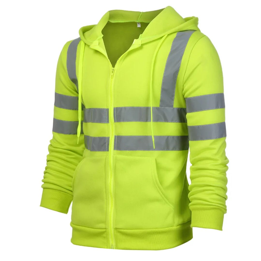 Zwarte veiligheidshoodie met hoge zichtbaarheid, praktisch en comfortabel unisex werkvest.