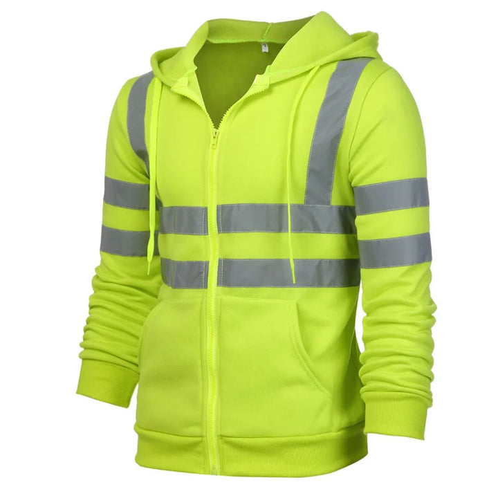 Zwarte veiligheidshoodie met hoge zichtbaarheid, praktisch en comfortabel unisex werkvest.