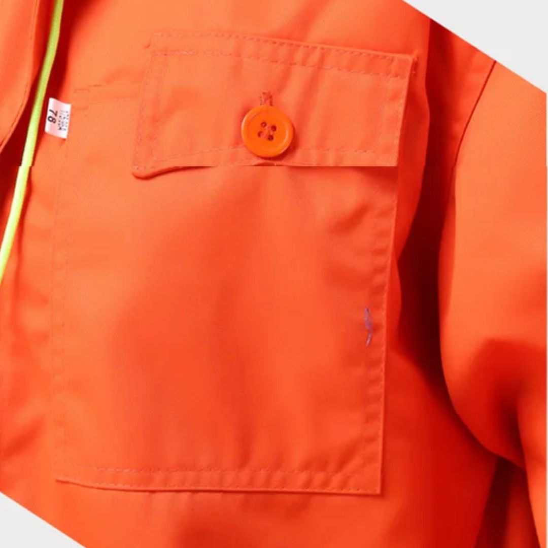 Unisex marineblauwe overall, professionele kleding voor cleanroom en industriële toepassingen.