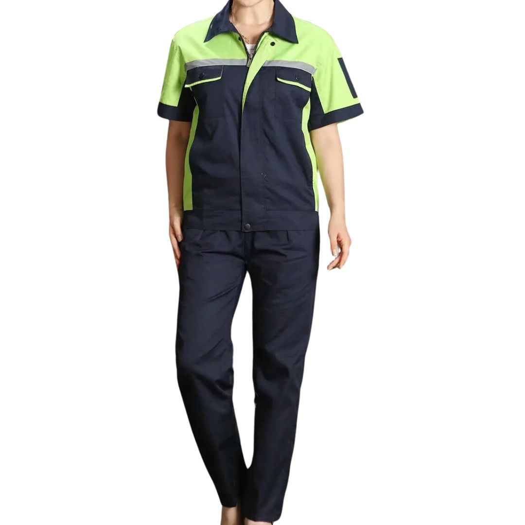 Unisex werkplaats overall met reflecterende banen en praktische zakken voor gereedschap.