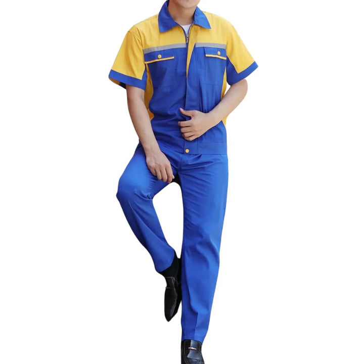 Professionele veiligheidsoverall met reflecterende strepen, unisex, geschikt voor diverse werkplaatsen.