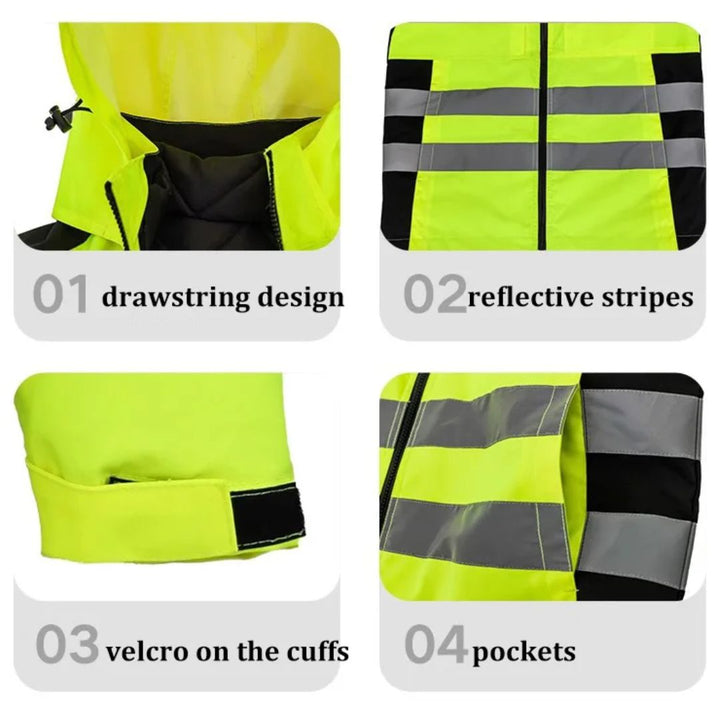Achteraanzicht van het unisex winter werkpak, toont reflecterende details voor verhoogde veiligheid.