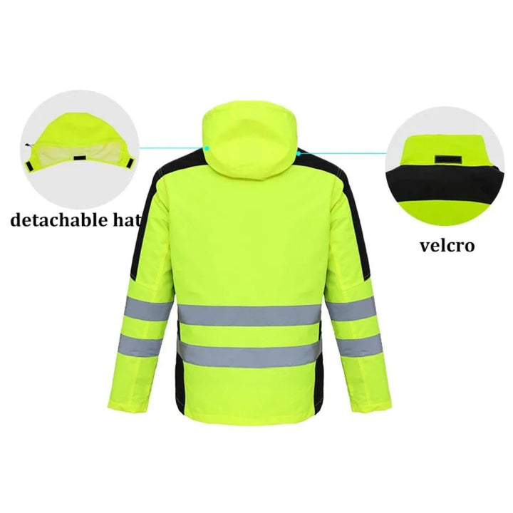 Vooraanzicht van het professionele winter werkpak met reflecterende strepen en hoge zichtbaarheid.