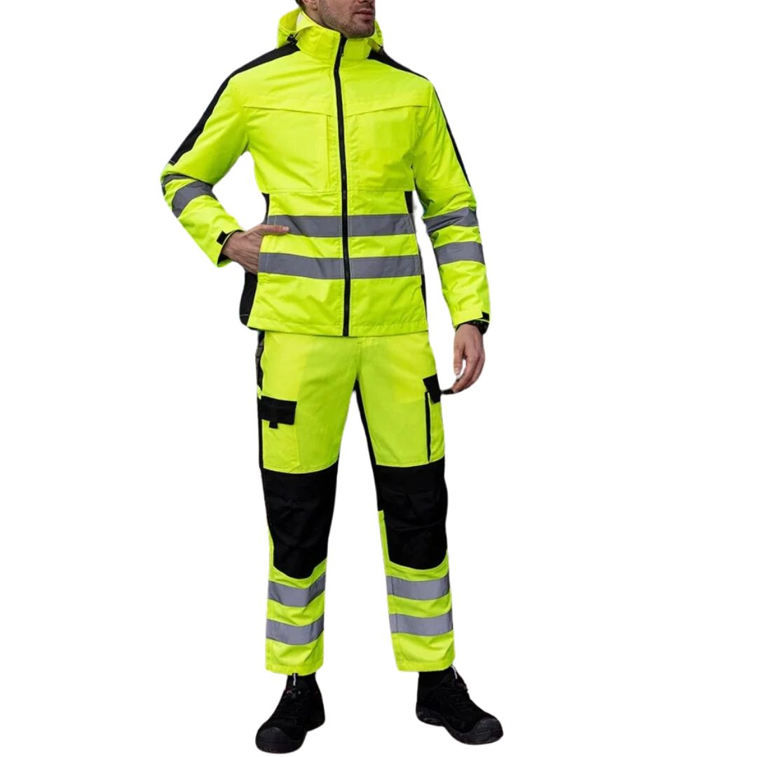 Unisex winter werkpak met hoge zichtbaarheid, ideaal voor veilig buitenwerk en winterkleding.