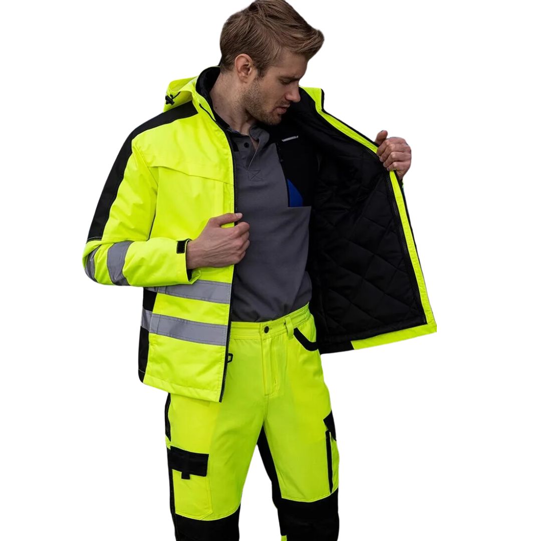 Detail van de afneembare voering in het warme winter werkpak, voor aanpasbaar comfort.