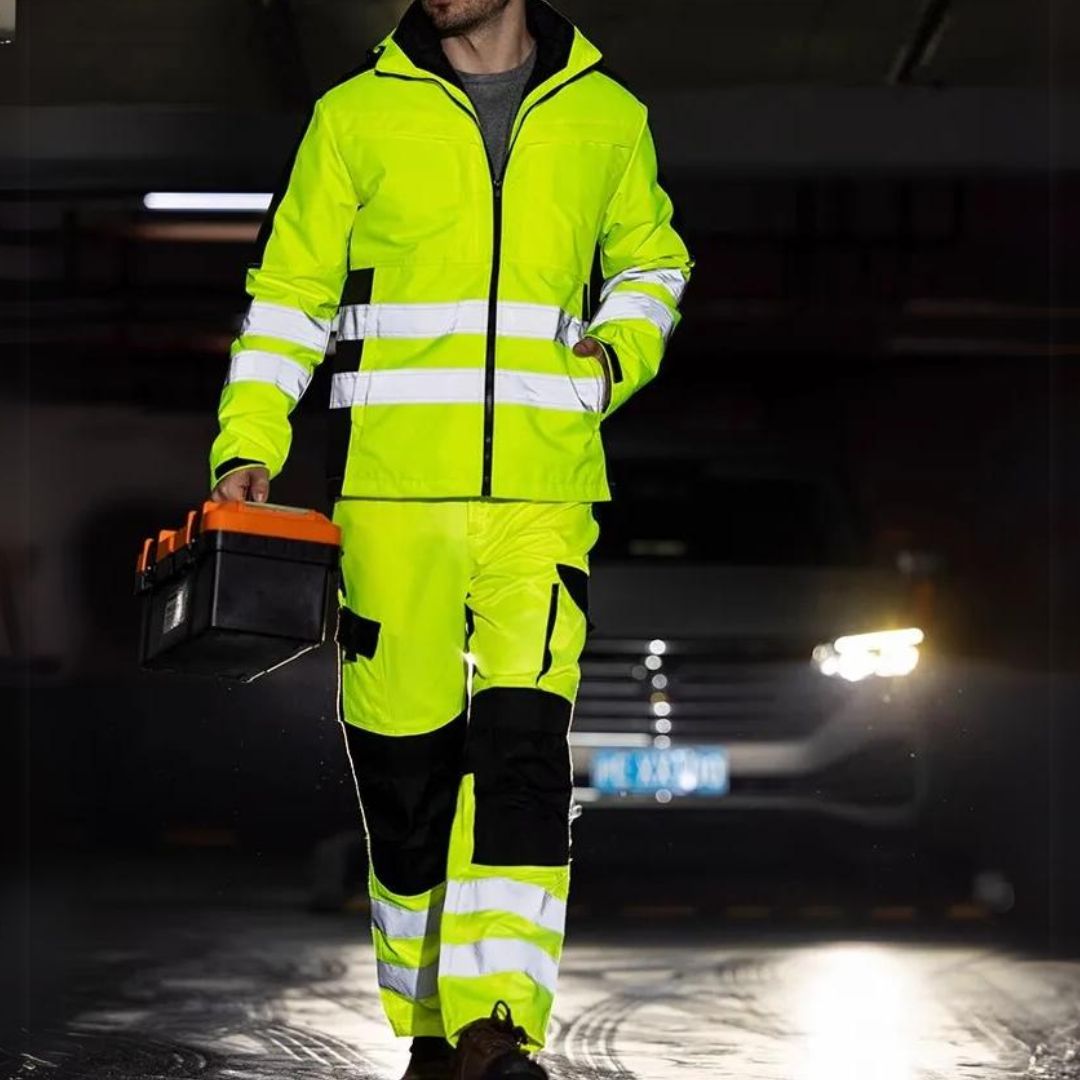 Werker in unisex winter werkpak met hoge zichtbaarheid, actief bezig in koude buitenomgeving.