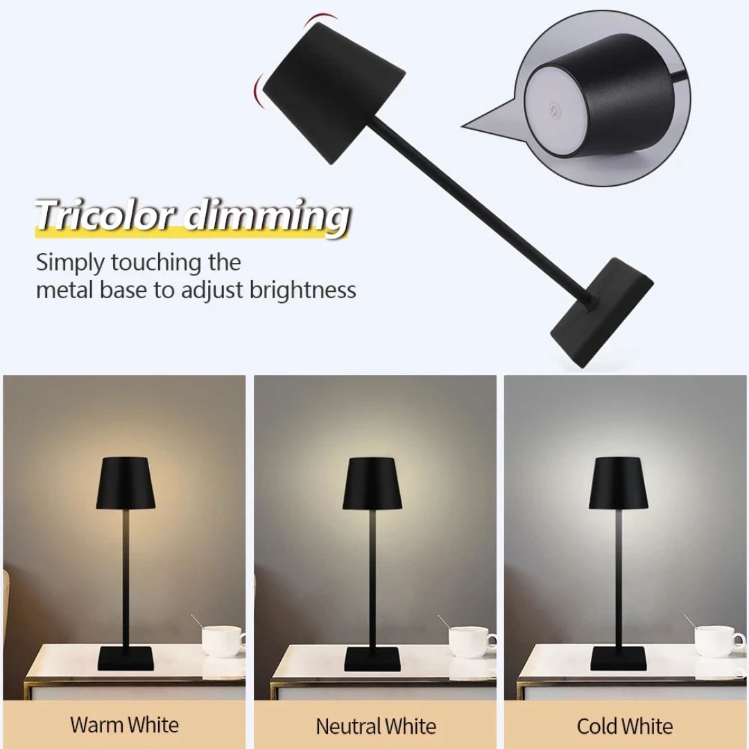 Zwarte Caroline LED design lamp, oplaadbaar via USB, draadloos gemak en huisdecoratie.