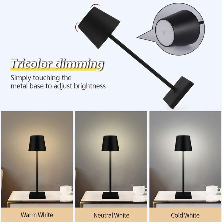 Zwarte Caroline LED design lamp, oplaadbaar via USB, draadloos gemak en huisdecoratie.