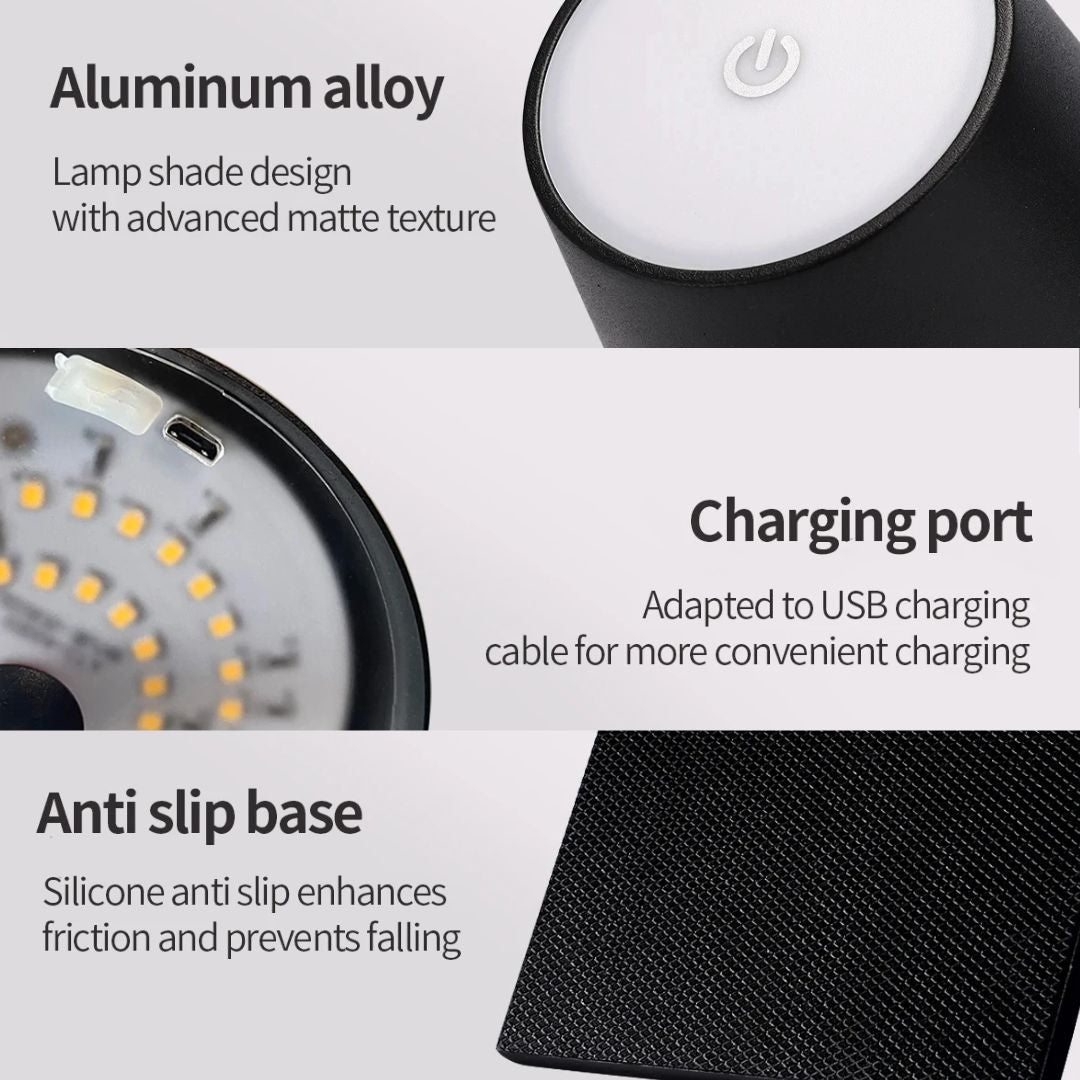 Oplaadbare Caroline LED bureaulamp, draadloos via USB, voor kantoor en sfeervolle verlichting.