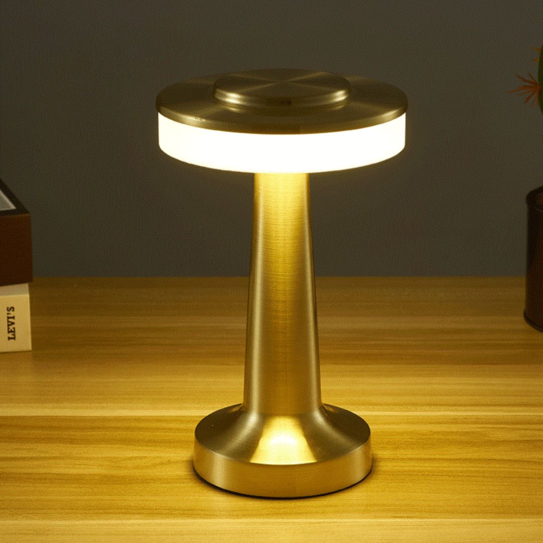 Roségouden USB oplaadbare tafellamp, dimbare sfeerverlichting met een retro design.