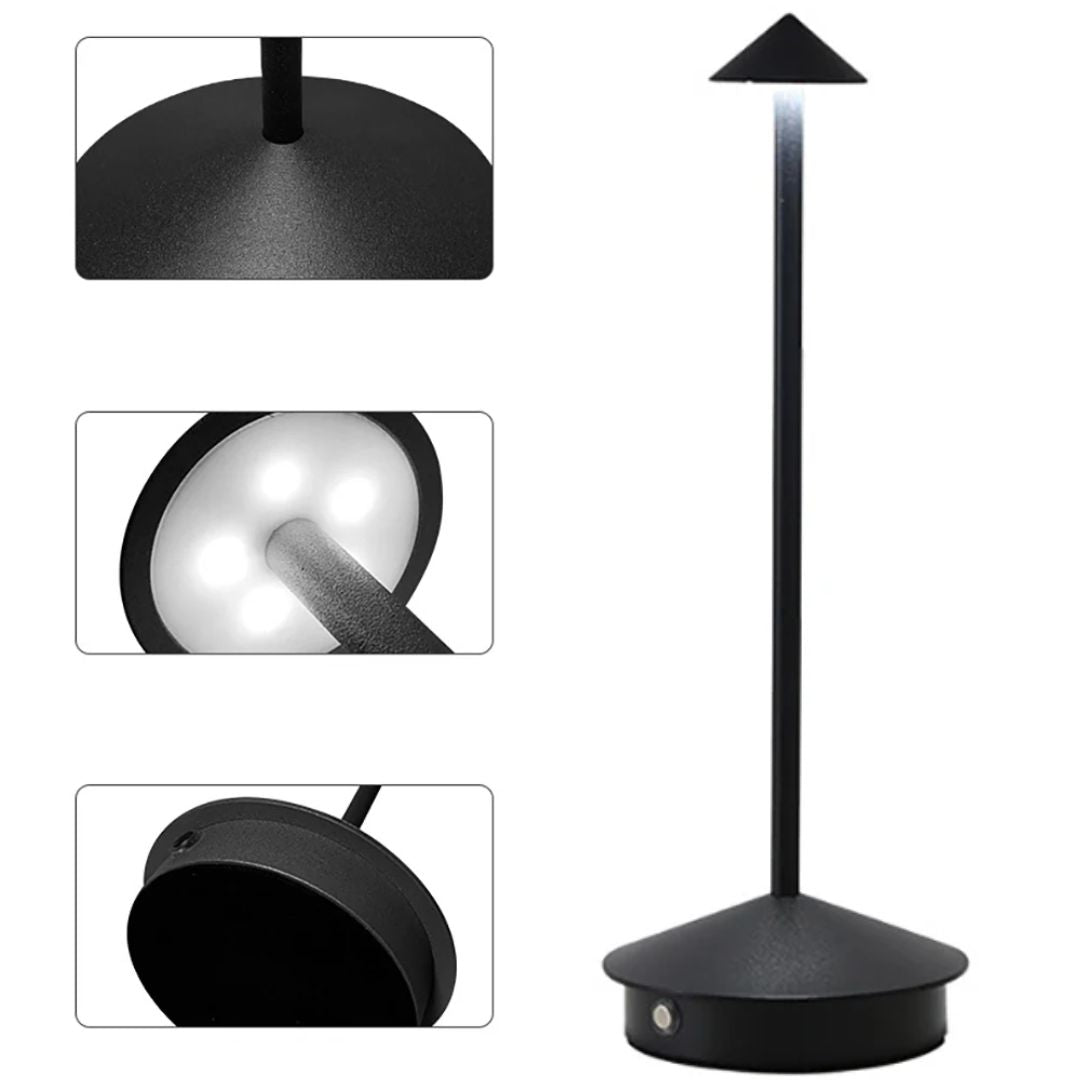 Minimalistische draagbare LED lamp van aluminium, een esthetische toevoeging aan elk interieur.