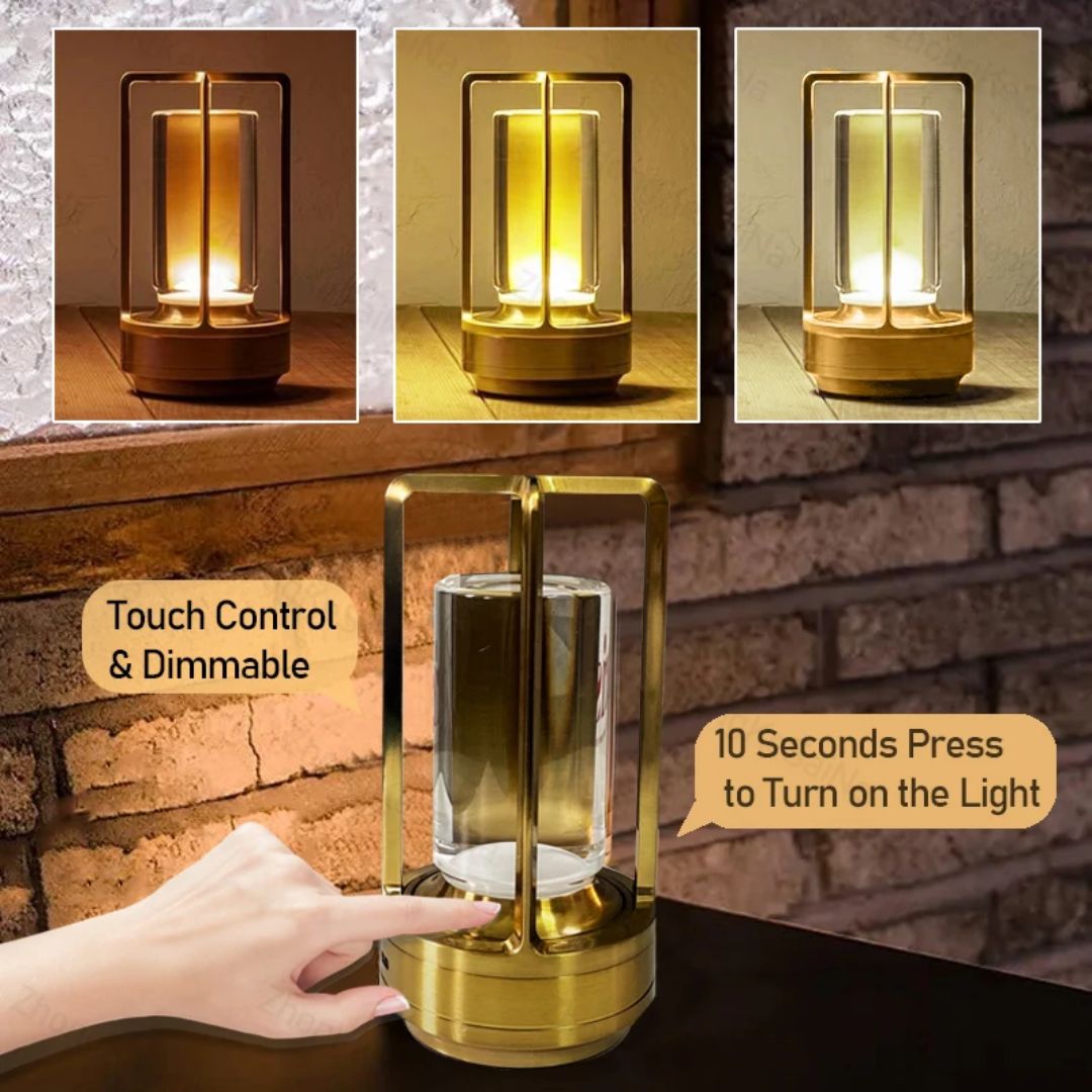 Elegante vintage draadloze LED bureaulamp in metaal. Retro tafellamp in zwart, goud of zilver voor warme sfeer.