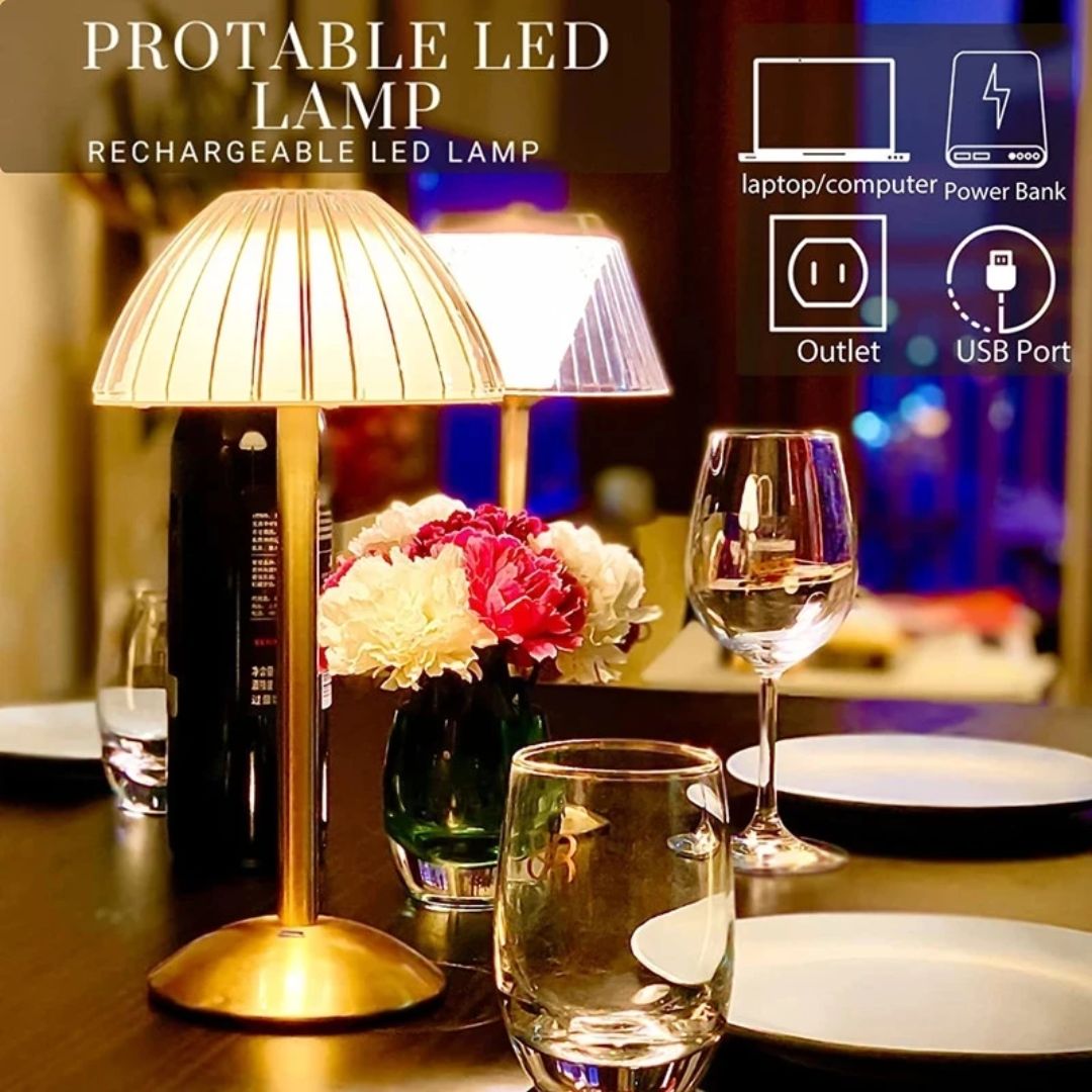 Warme led sfeerverlichting van een draadloze retro tafellamp, ideaal als decoratie in huis.