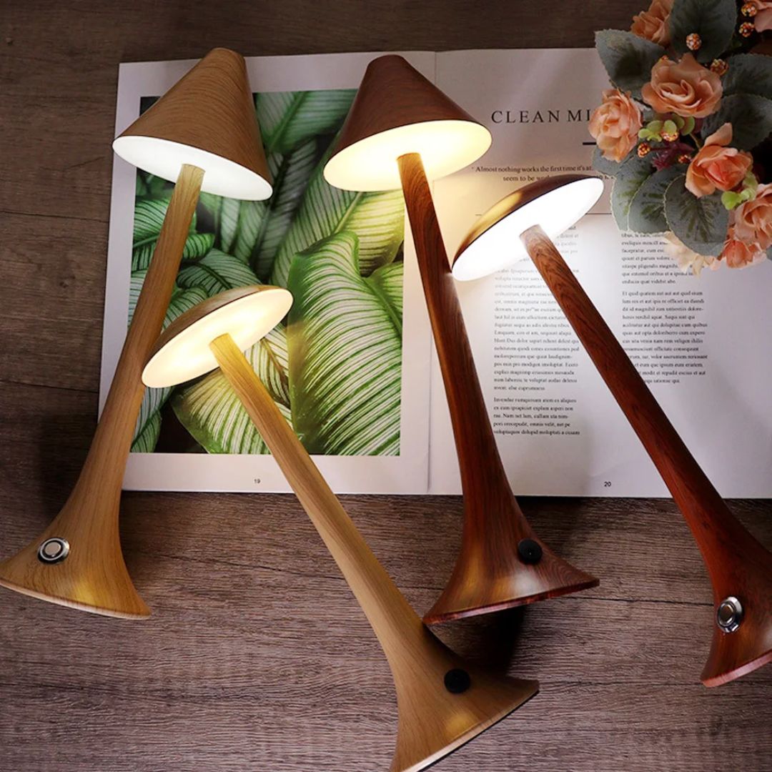 Draadloze paddenstoel tafellamp met USB oplaadfunctie, handige touch bediening.
