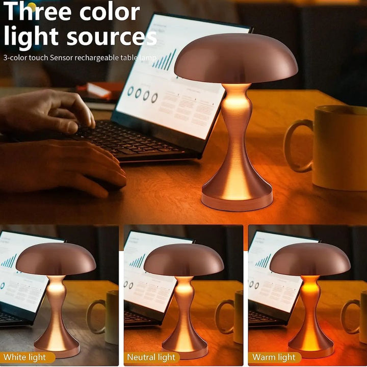 Detailopname van Helena decoratieve tafellamp, glanzend oppervlak, zacht LED licht, draadloos.