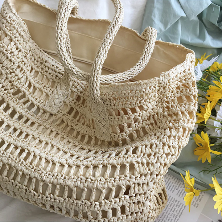 Grote casual geweven schoudertas voor dames; perfecte zomerse handtas voor strand of stad.