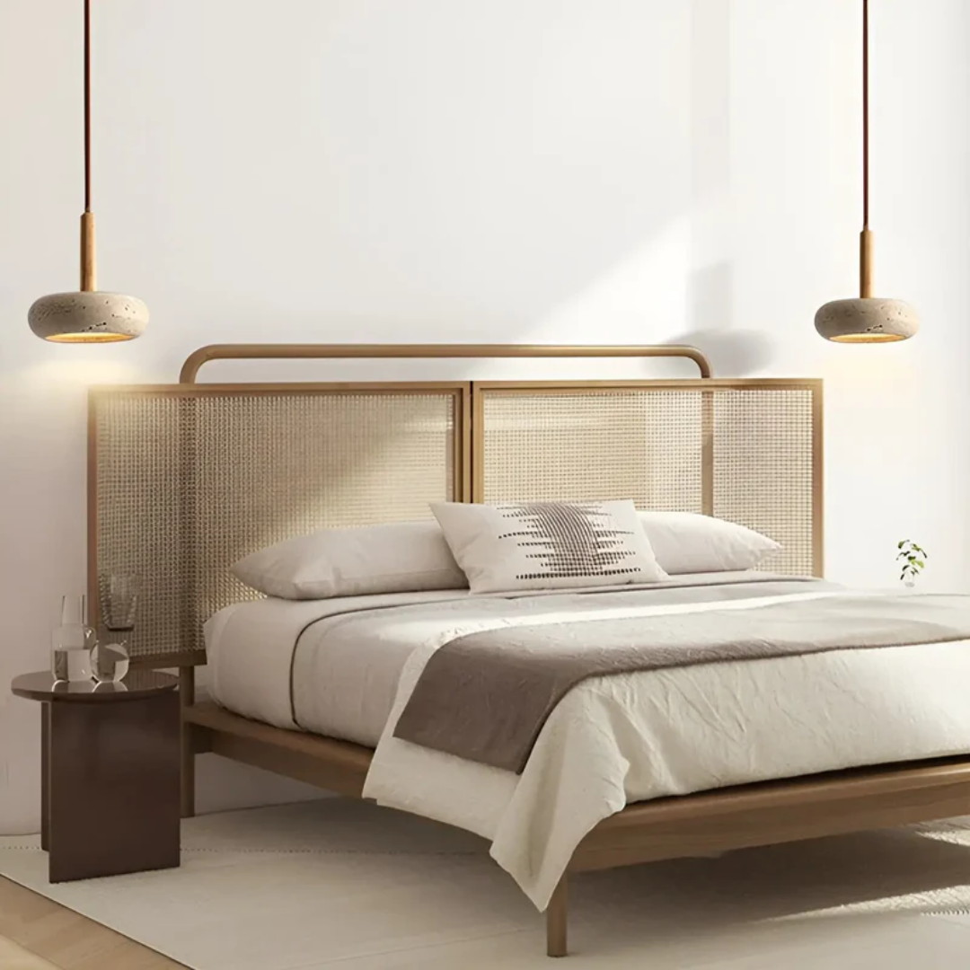 Sfeervolle LED hanglamp in Japanse stijl, van grotsteen en hout, creëert een rustgevende ambiance.