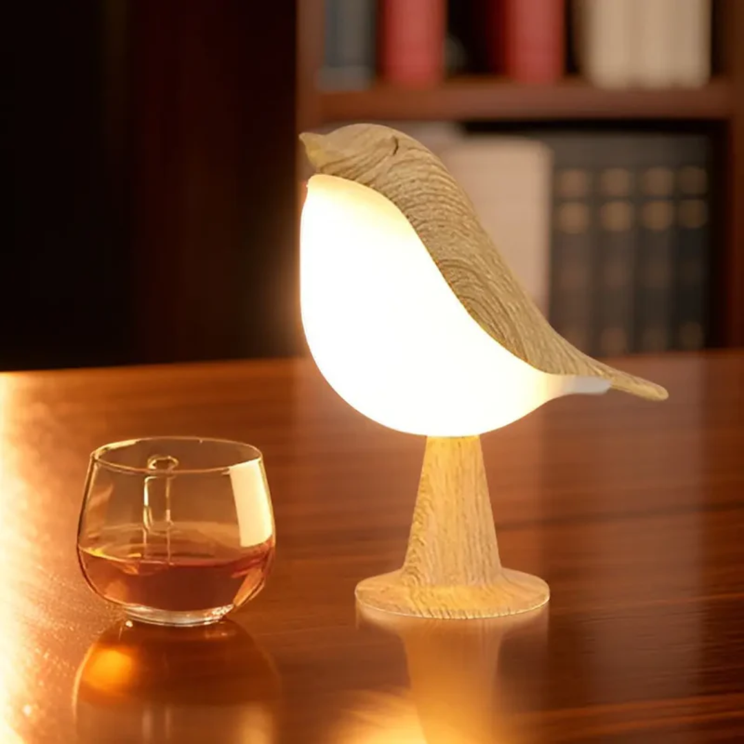 FeatherGlow designlamp: draadloze LED-vogellamp met touch control, oplaadbaar en geïntegreerde aromatherapie.