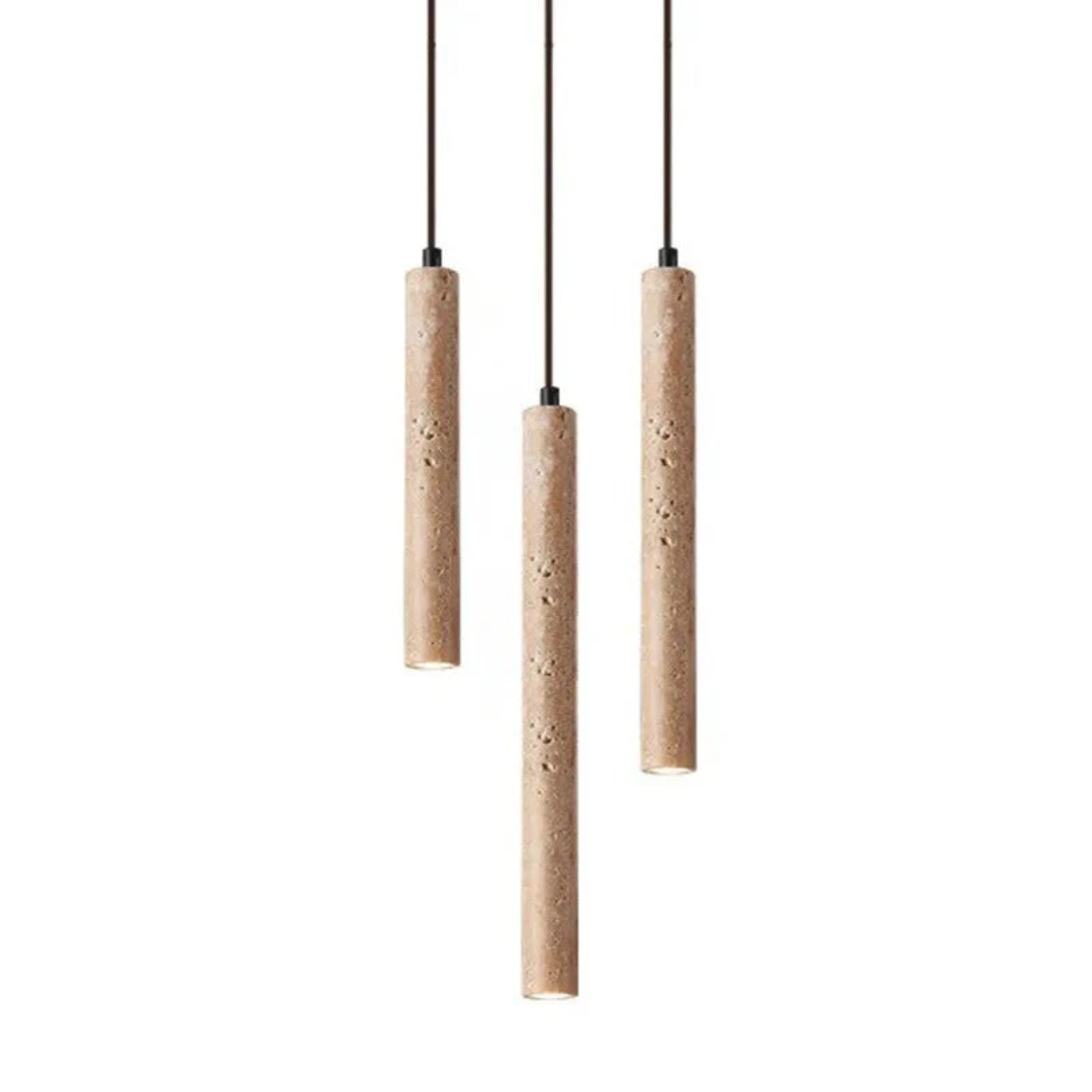 Natuurlijke travertijn Wabi-Sabi LED kroonluchter, zachte sfeerverlichting voor minimalistische woonkamer.
