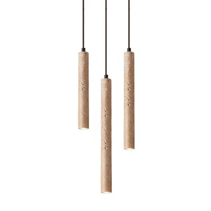 Natuurlijke travertijn Wabi-Sabi LED kroonluchter, zachte sfeerverlichting voor minimalistische woonkamer.