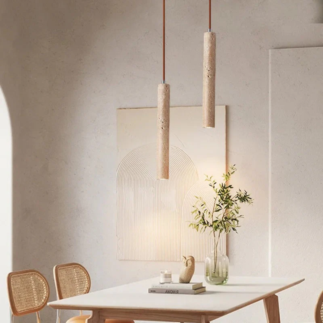 Design LED kroonluchter van travertijn voor woonkamer, minimalistische Wabi-Sabi sfeerverlichting.