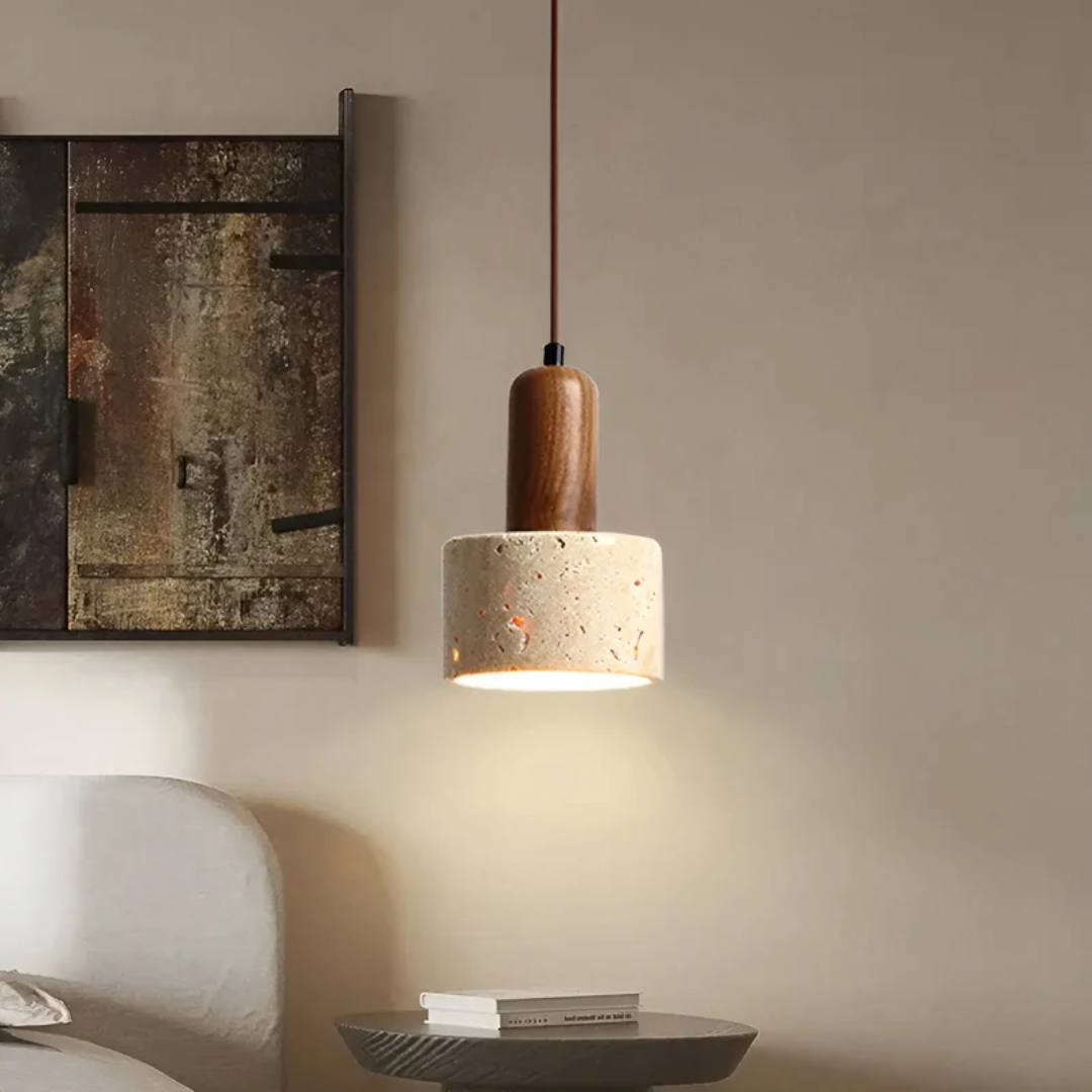 Stijlvolle Wabi-Sabi plafondlamp met Japans design. Travertijn en hout voor sfeervolle verlichting in woonkamer of eetkamer.