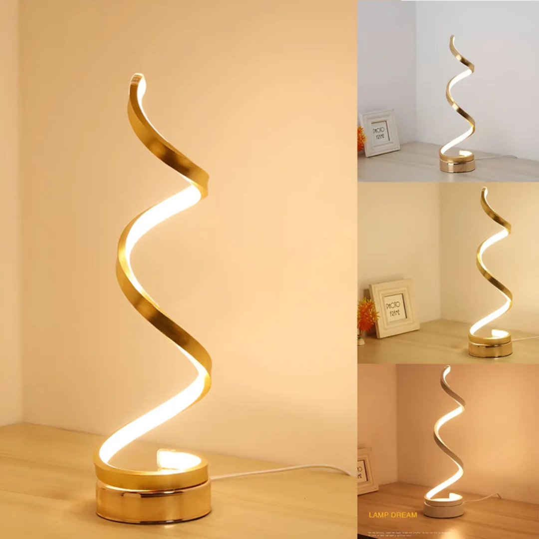 Hedendaagse LumaSpiral spiraal tafellamp met dimbare LED, voegt een artistiek tintje toe aan uw interieur.