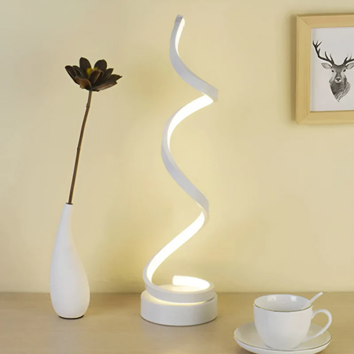 Energiezuinige dimbare spiraal LED kantoorlamp, moderne LumaSpiral design lamp voor functionele werkplek.
