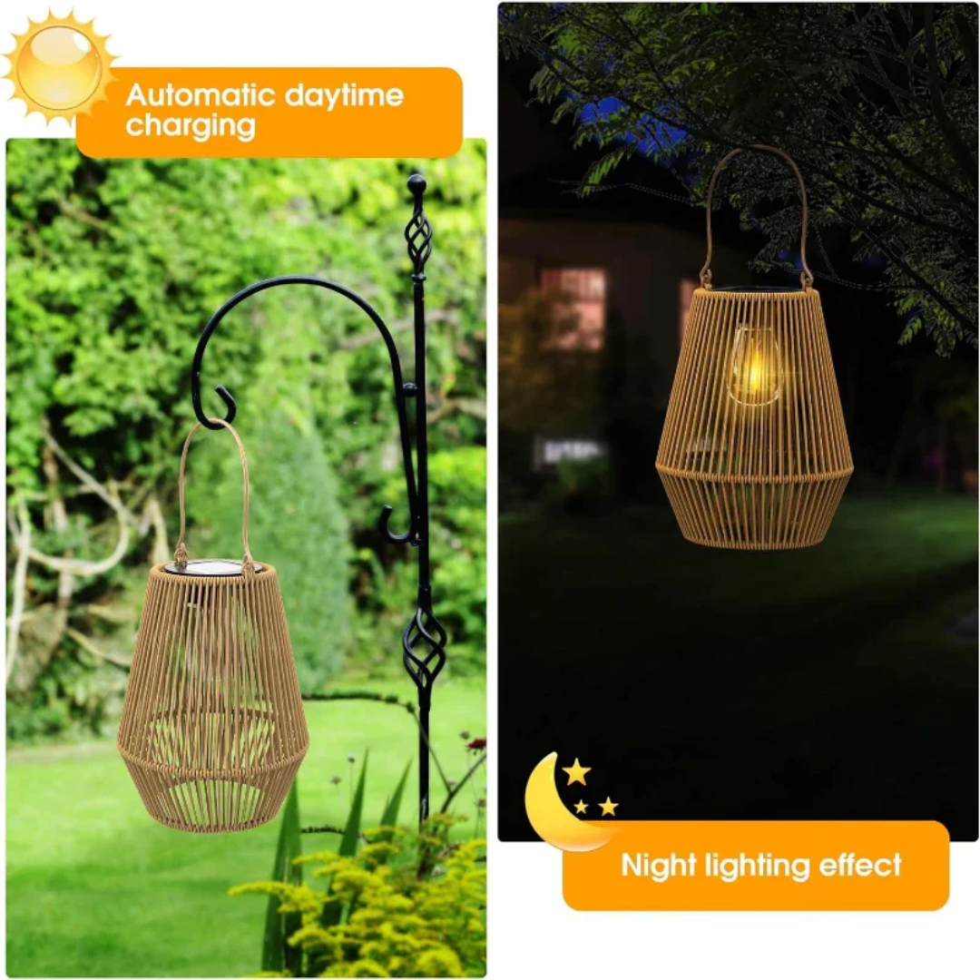 Energiezuinige solar tuinlamp SunWeave. Handgeweven rotan LED buitenverlichting voor duurzame tuindecoratie.