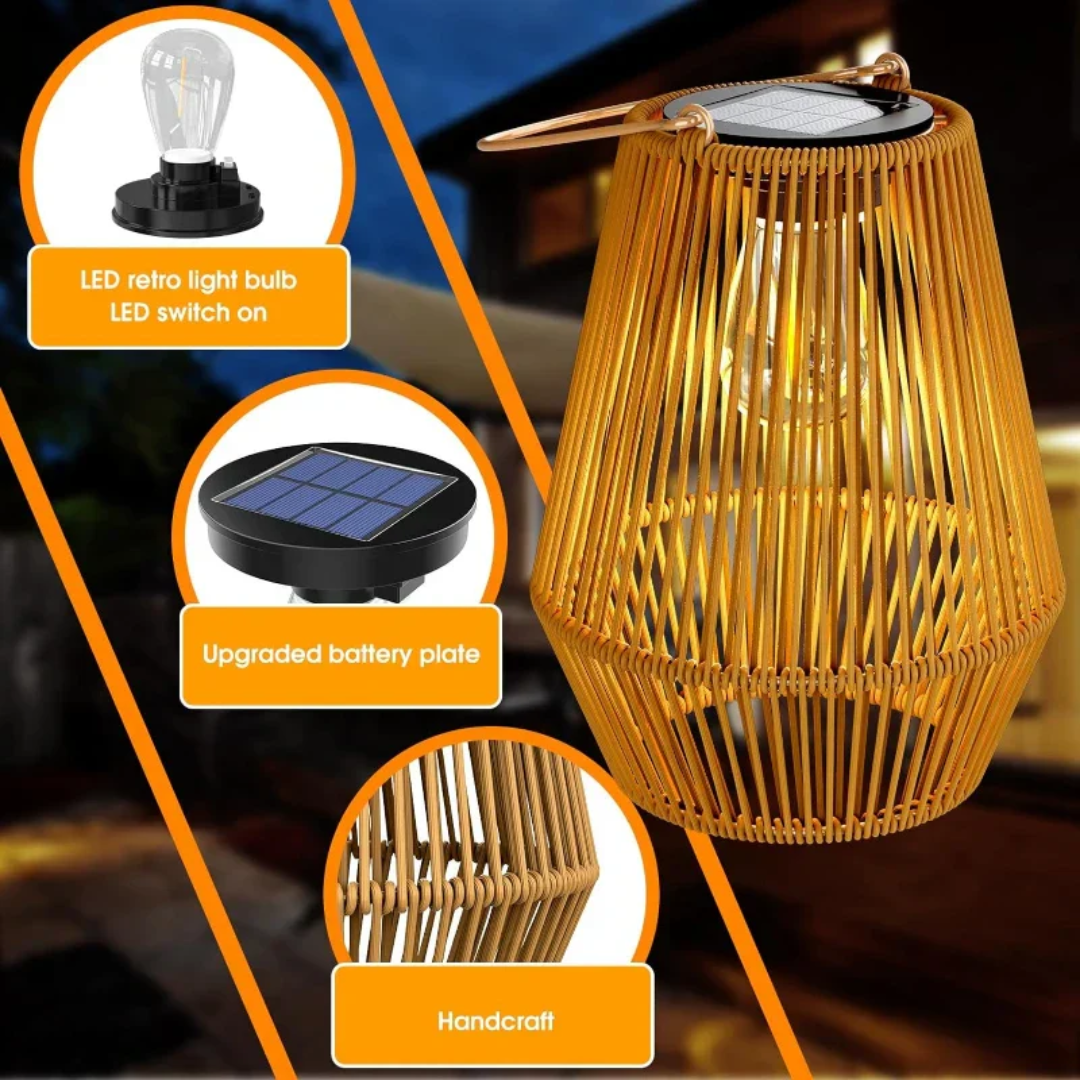 Robuuste waterdichte solar tuinlamp SunWeave. Handgeweven design met energiezuinige LED buitenverlichting.
