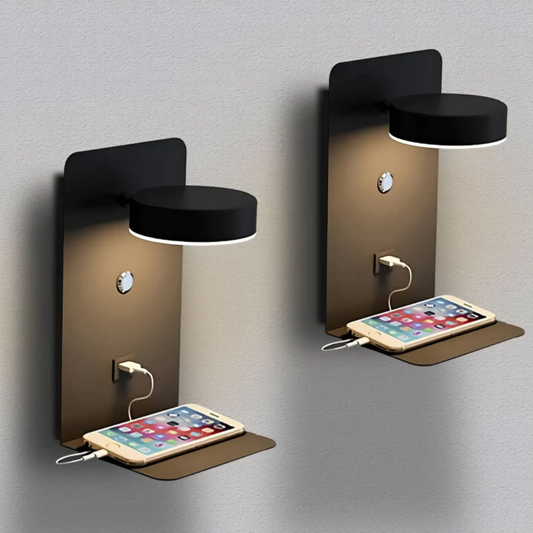Universele LED wandverlichting PowerGlow, met USB-lader, perfect als slaapkamerlamp of bij het bed.