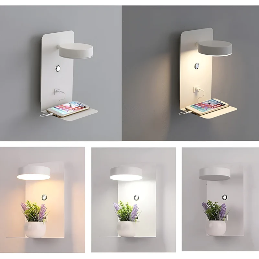 Close-up van de PowerGlow LED wandlamp, toont USB-poort en warm licht voor comfortabel lezen.
