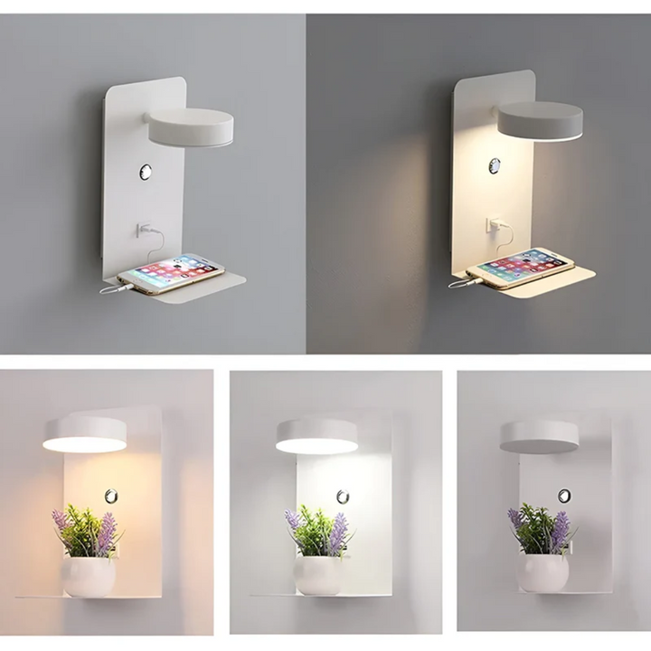 Close-up van de PowerGlow LED wandlamp, toont USB-poort en warm licht voor comfortabel lezen.