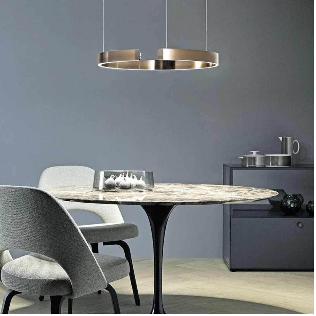 Moderne design hanglamp met cirkelvormige LED verlichting. Gemaakt van metaal en acryl, energiezuinig.