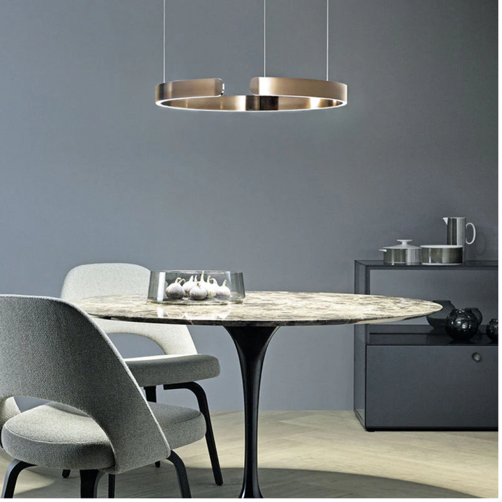 Moderne design hanglamp met cirkelvormige LED verlichting. Gemaakt van metaal en acryl, energiezuinig.