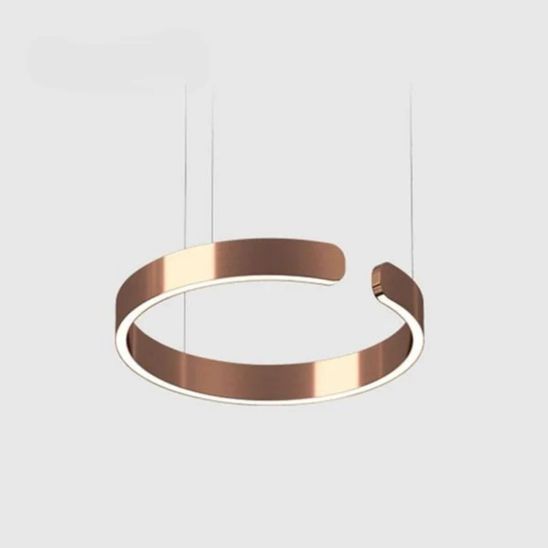 Strakke cirkelvormige LED hanglamp, modern design. Perfecte sfeerverlichting voor eetkamer.