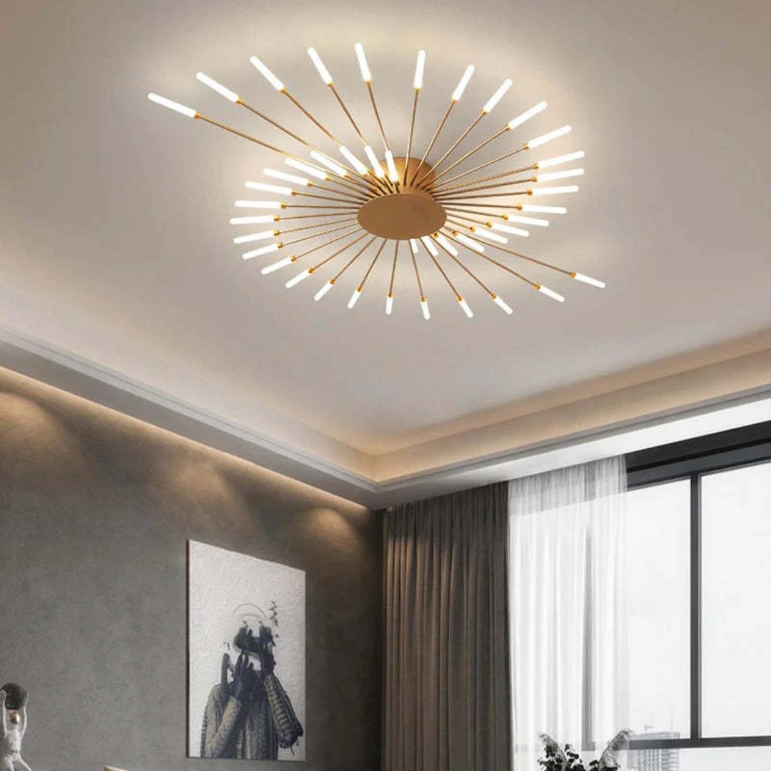 Strakke dimbare LED plafondlamp. Modern grafisch design, zwart/goud, sfeervolle verlichting voor thuis.