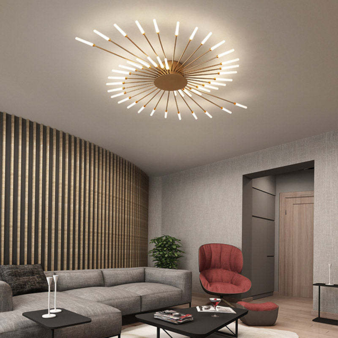 Moderne dimbare LED plafondlamp. Zwart/goud, groot, grafisch design, energiezuinig voor woonkamer.