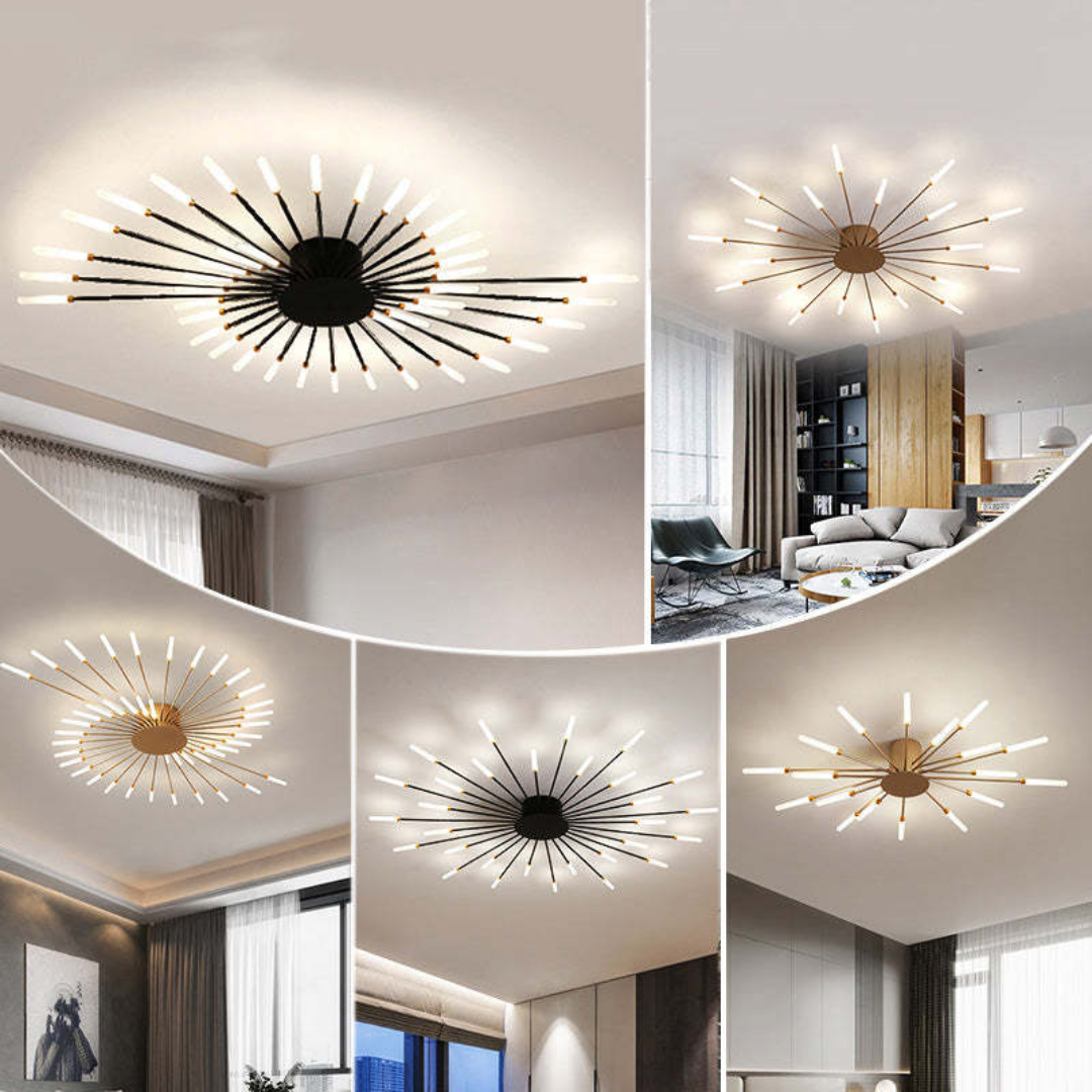 Grote moderne dimbare LED plafondlamp met grafisch design. Zwart/goud, energiezuinige binnenverlichting.