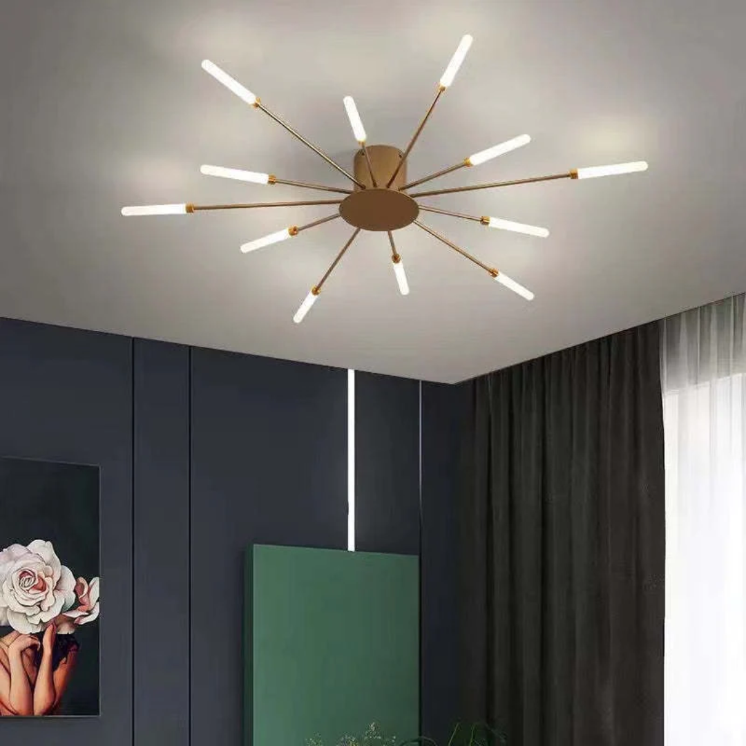 Moderne dimbare plafondlamp met grafisch patroon. LED verlichting, zwart/goud, sfeervol voor uw huis.