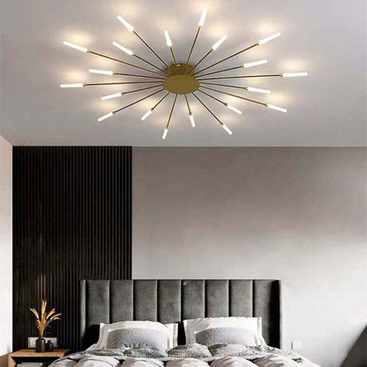 Dimbare LED plafondlamp met uniek grafisch design. Modern, zwart/goud, energiezuinig voor binnenverlichting.