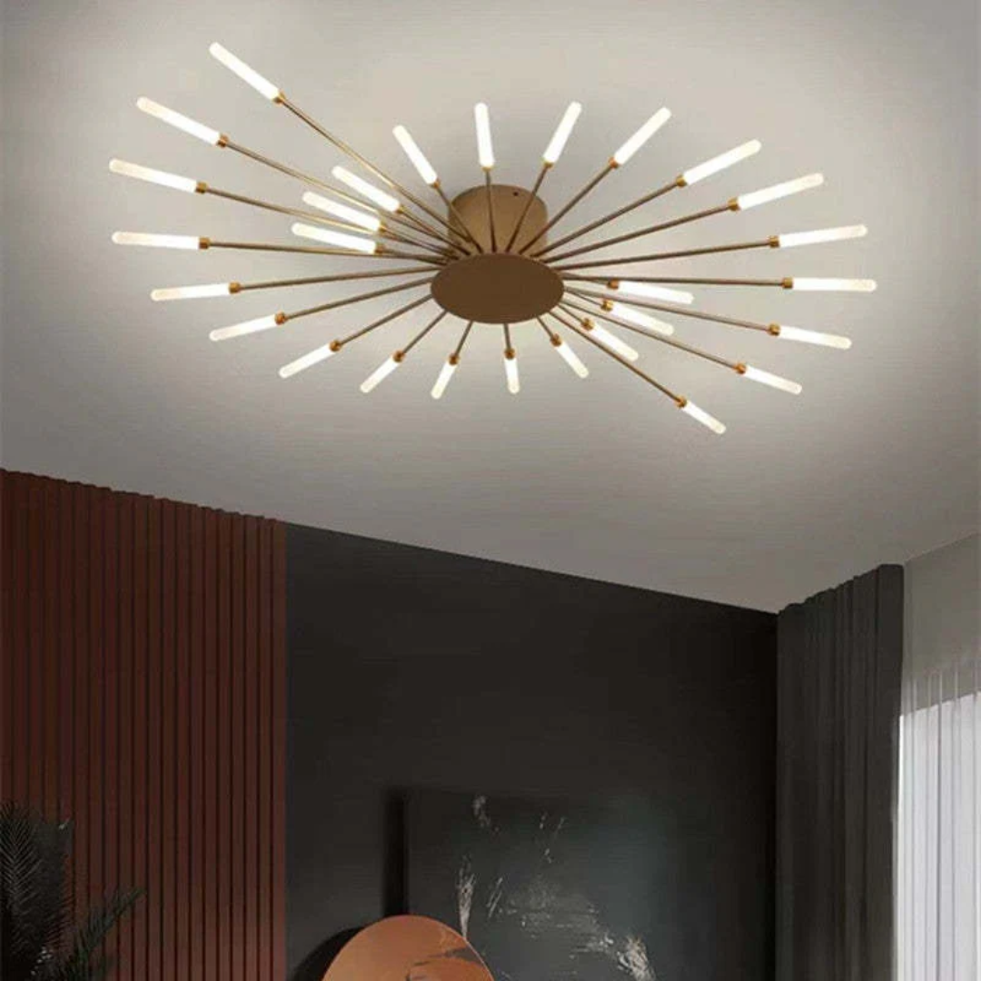 Moderne designlamp: dimbare LED plafondlamp. Zwart/goud, groot formaat, sfeervolle verlichting.