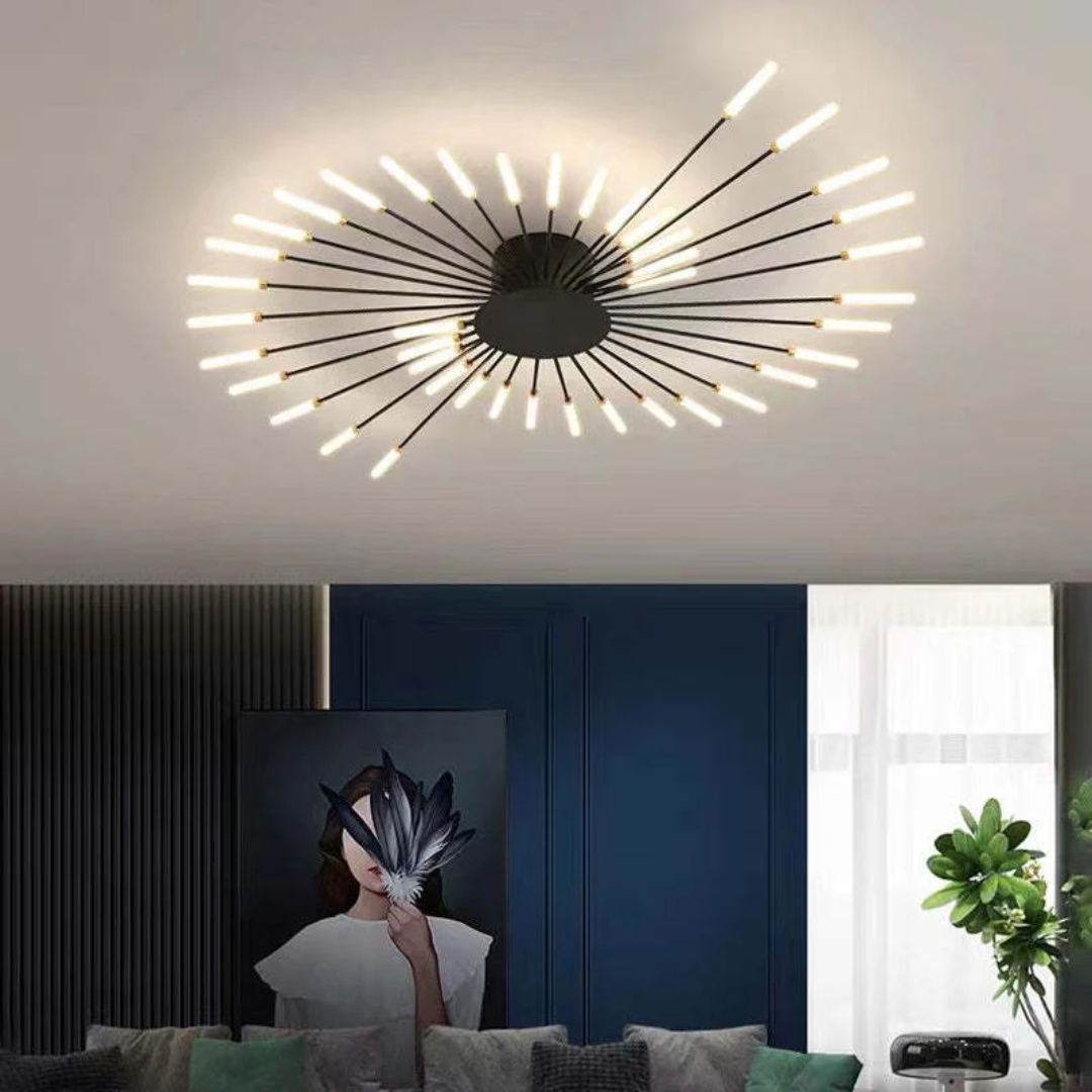 Grote LumenMax dimbare LED plafondlamp. Modern grafisch design, energiezuinig, perfect voor woonkamer.