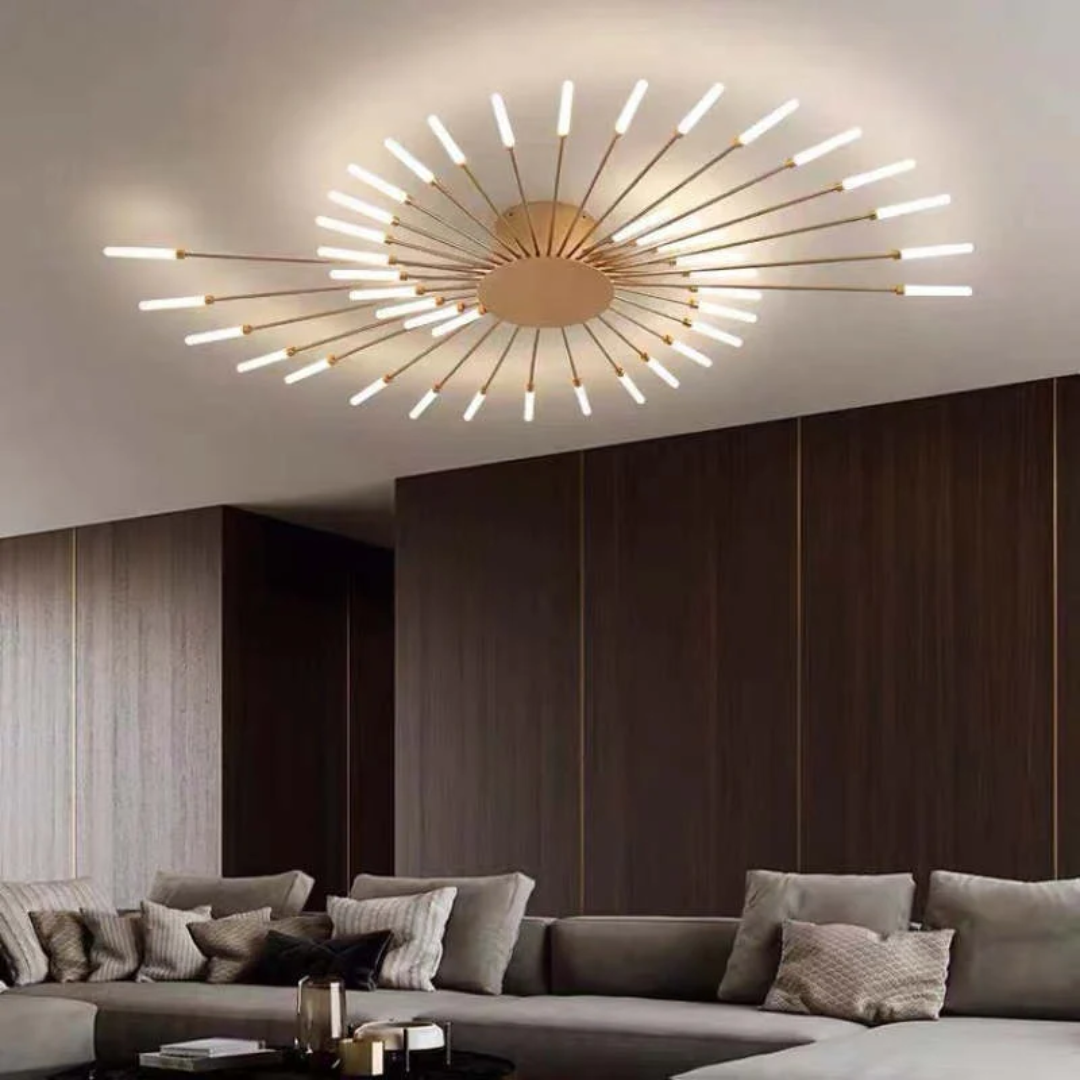 Moderne dimbare LED plafondlamp met grafisch design. Goud/zwart, ideaal voor woonkamer & eetkamer sfeerverlichting.