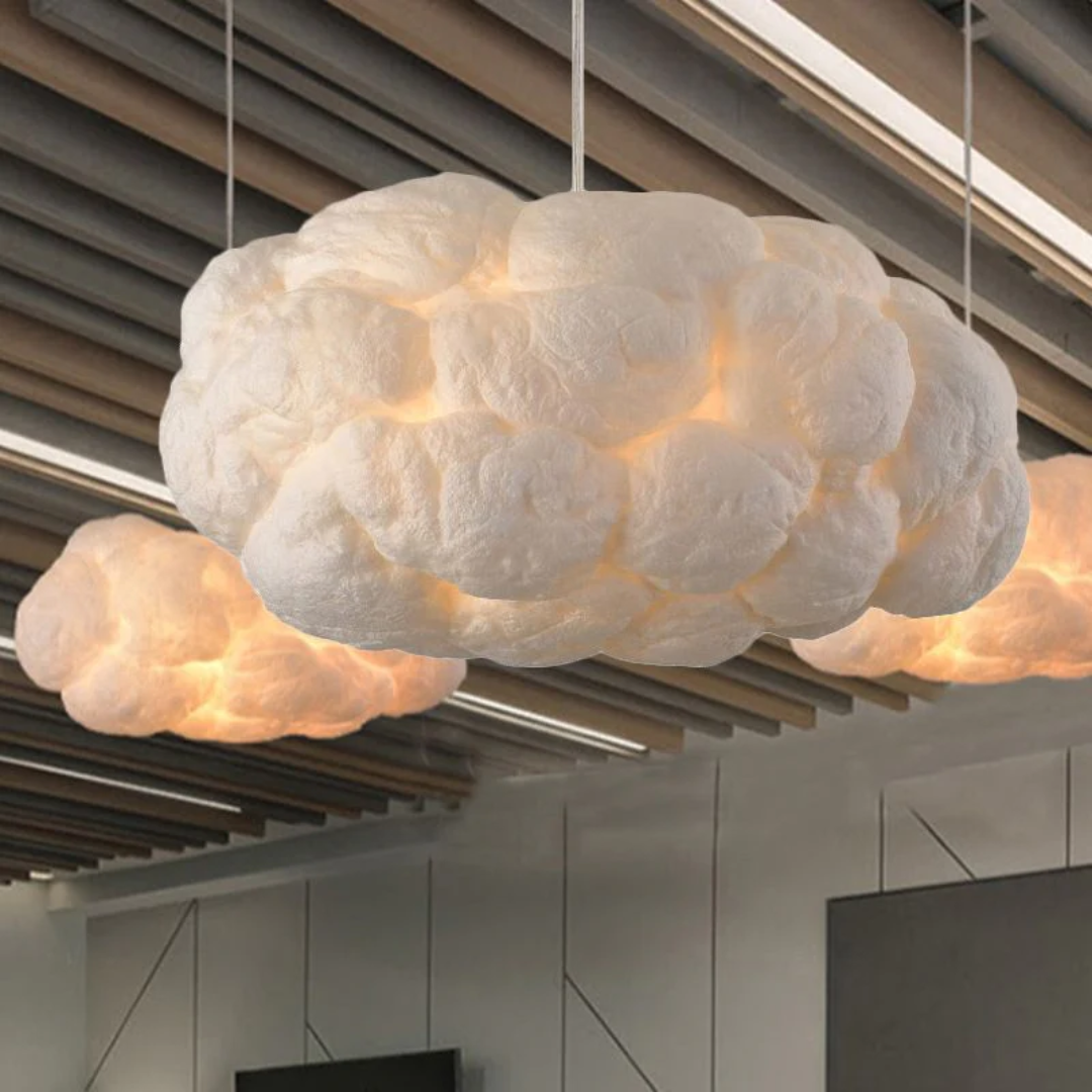 Sfeervolle LED wolk lamp, hanglamp van PVC/katoen wit, creëert een unieke ambiance.