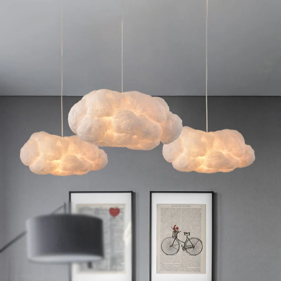 Witte PVC/katoen wolk LED hanglamp, Nimbus design verlichting voor een modern interieur.